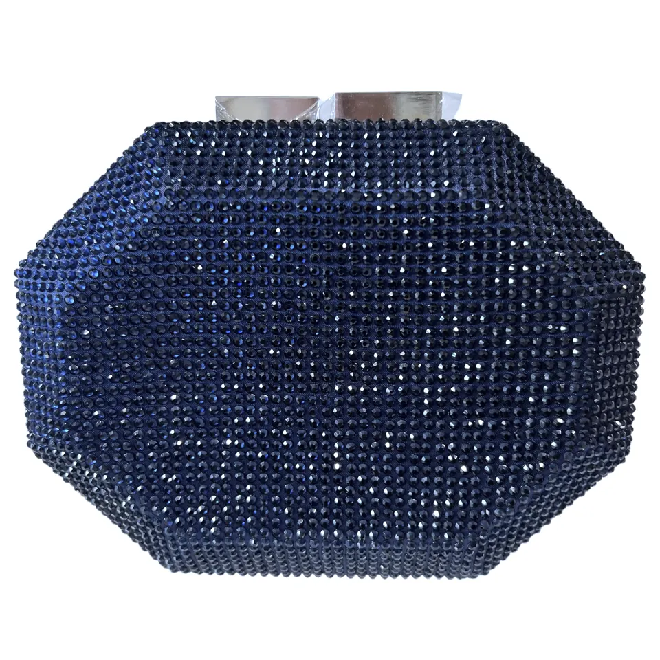 Anna Cecere 047 Navy Rhinestone Embellished Silver Trim Clutch