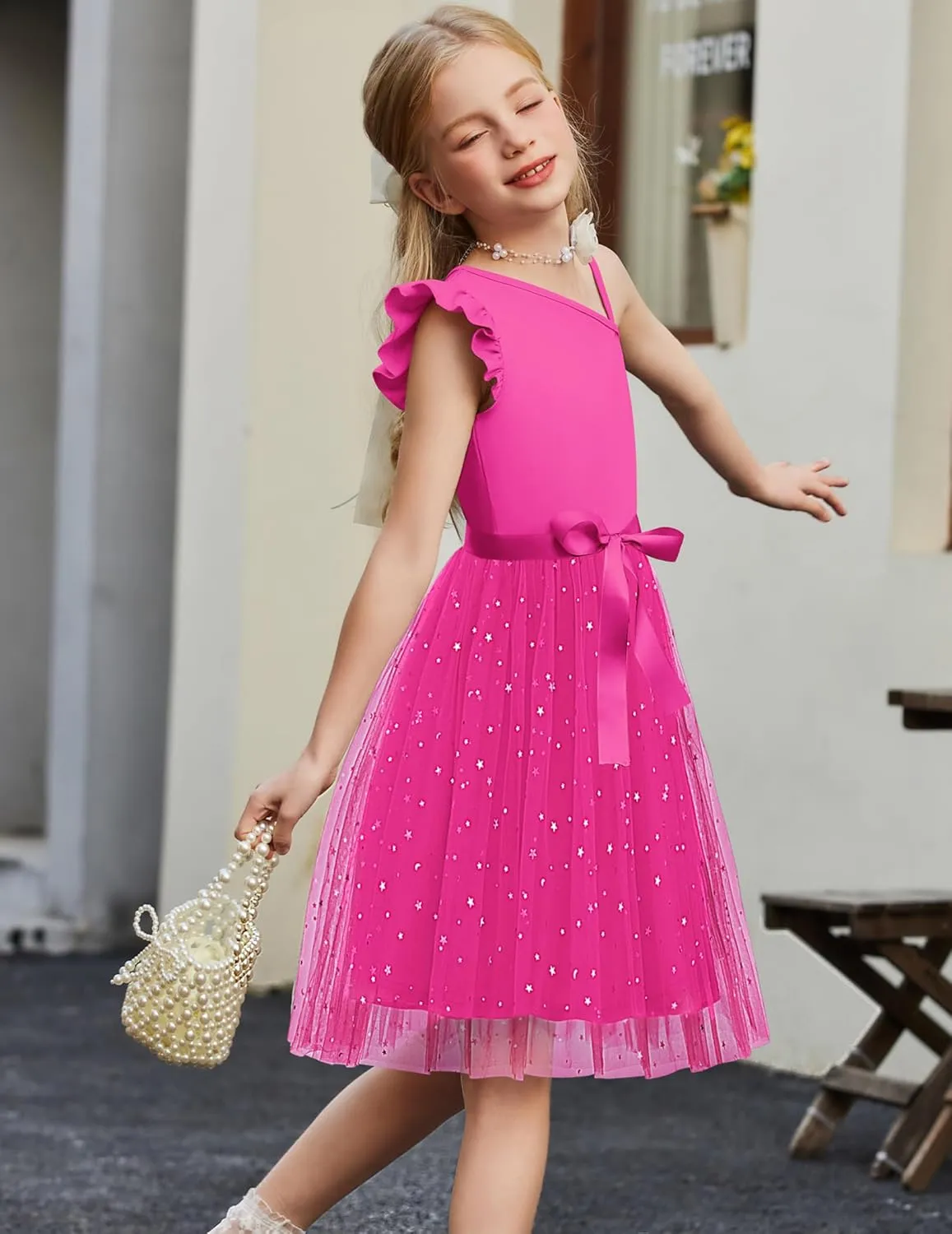 Arshiner Girls Dresses One Shoulder Ruffle Formal Tulle Dress