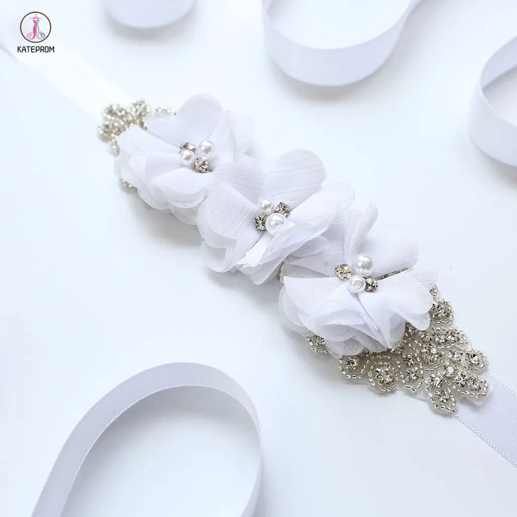 Beautiful Hand Made Belt with Rhinestone, Long Wedding Sash with Pearls KPS0001