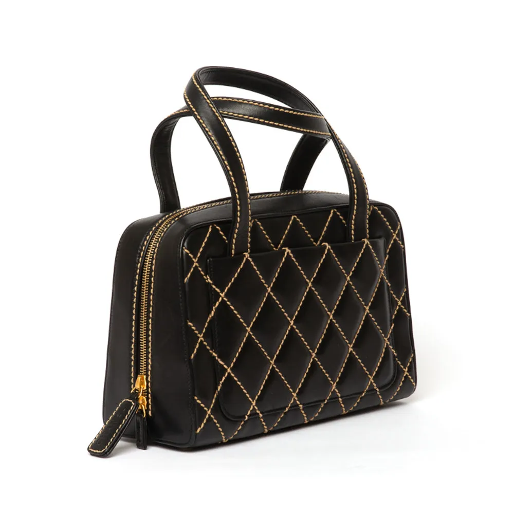 Chanel Black Quilted Leather Contrast Stitch Surpique Bowler Bag