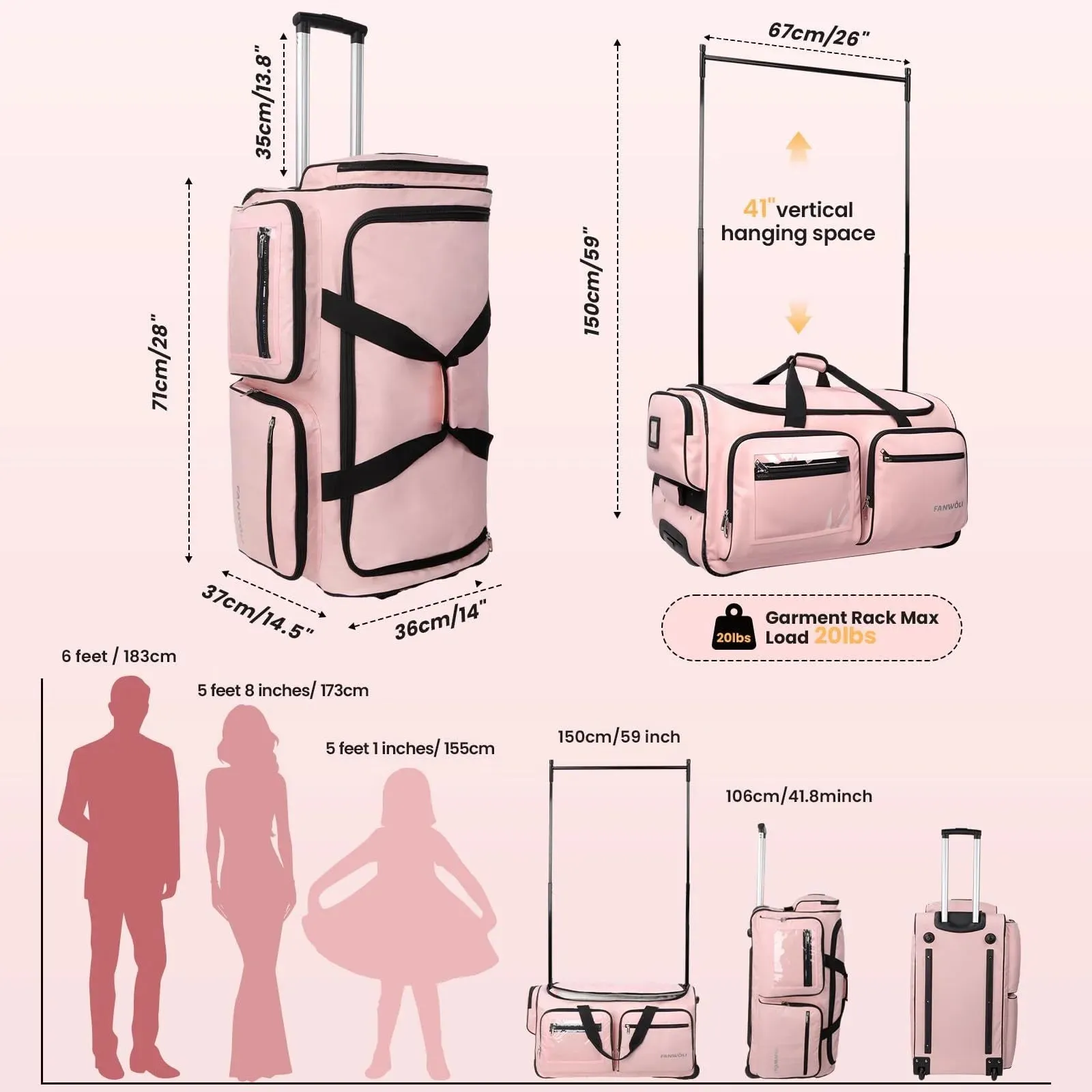 Fanwoli Dance Bag with Garment Rack - 28"Collapsible Rolling Competition Dance Duffle Bag Lightweight Costume Wheeled Suitcase for Dancers Shows Livestreamer Athletes