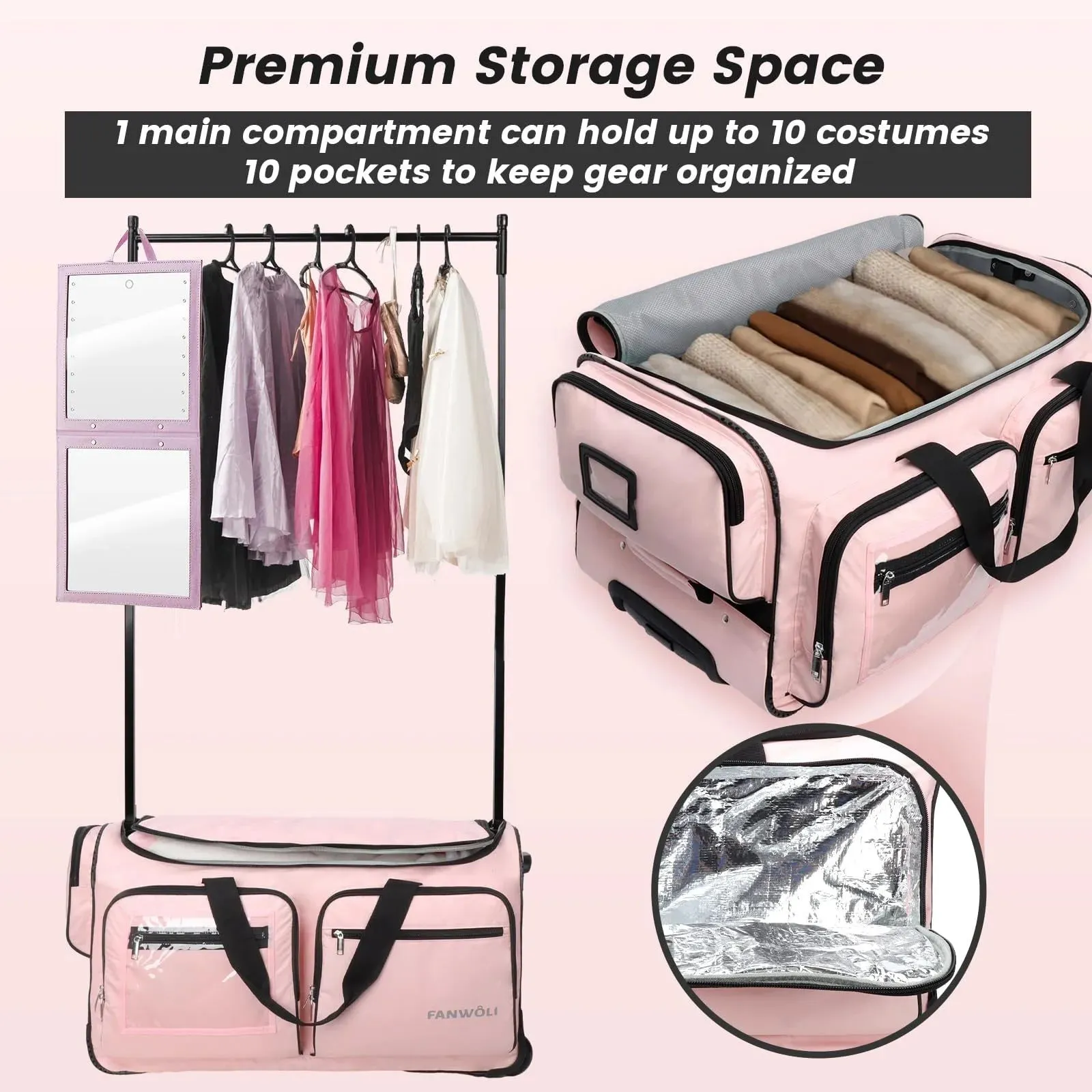 Fanwoli Dance Bag with Garment Rack - 28"Collapsible Rolling Competition Dance Duffle Bag Lightweight Costume Wheeled Suitcase for Dancers Shows Livestreamer Athletes