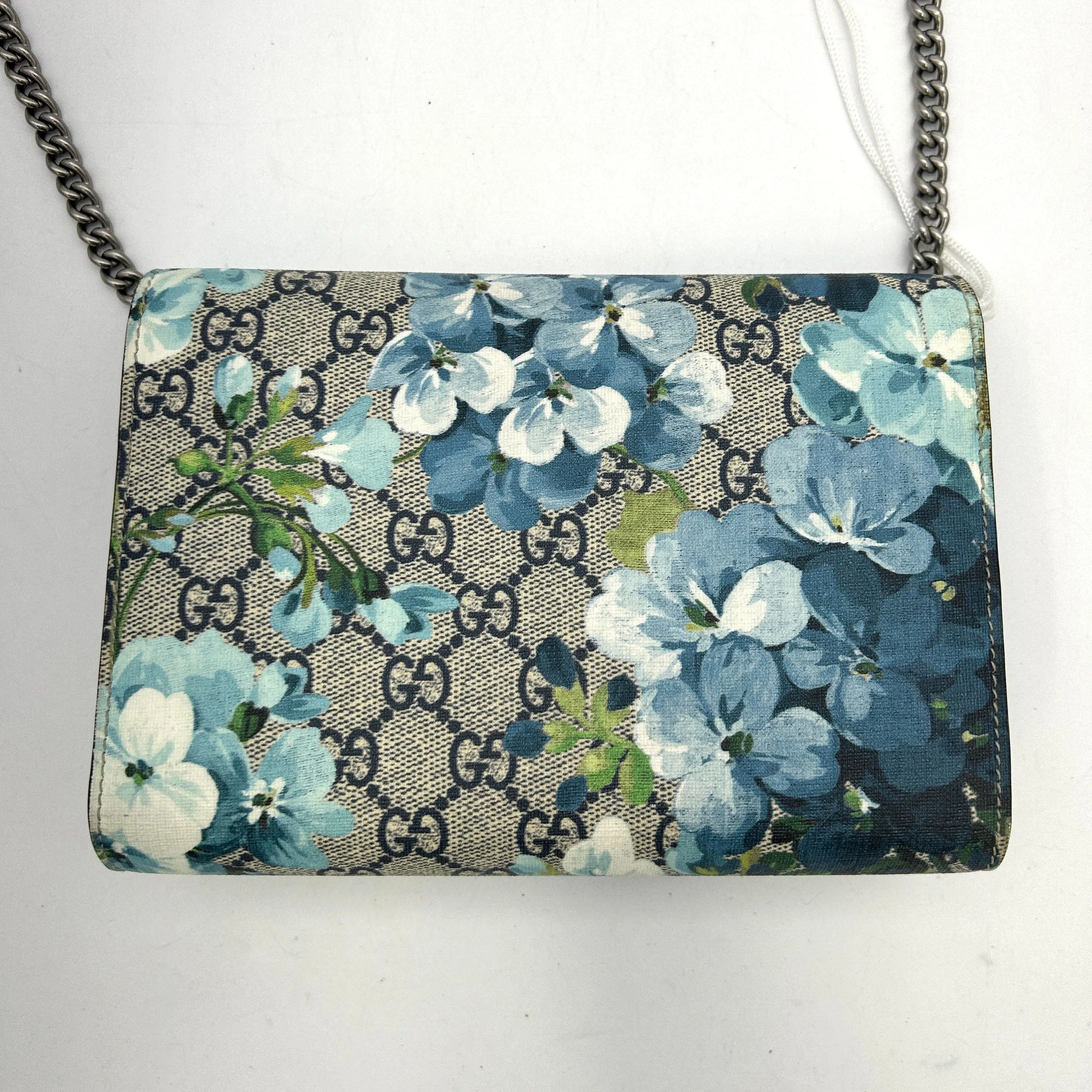 GUCCI GG Supreme Monogram Blooms Mini Dionysus Chain Wallet Beige Blue Navy Blue LA25452