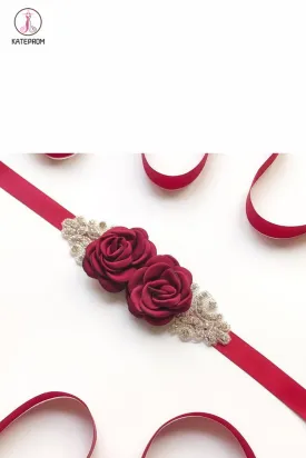 Hand Made Flower Bridal Sash with Rhinestones, Formal Dress Belt KPS0002
