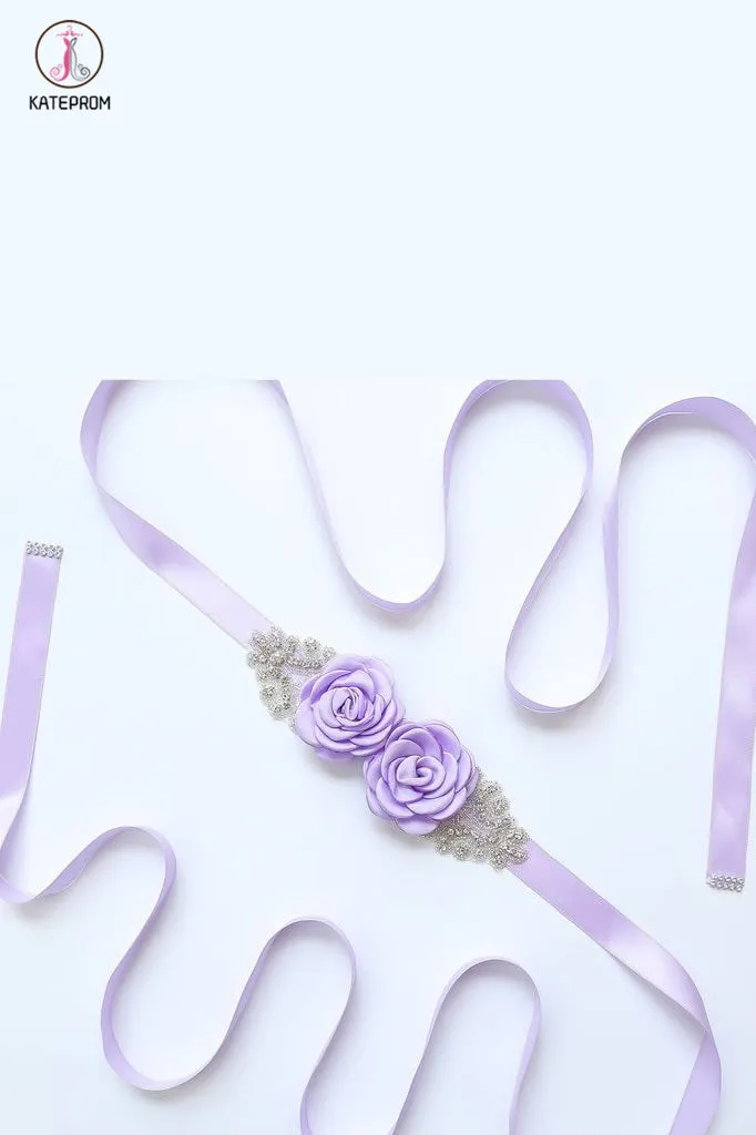Hand Made Flower Bridal Sash with Rhinestones, Formal Dress Belt KPS0002