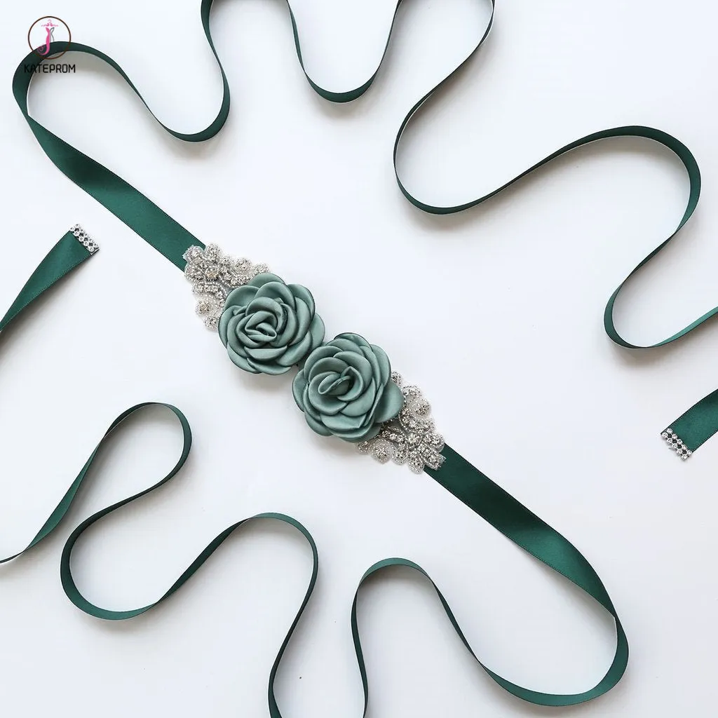 Hand Made Flower Bridal Sash with Rhinestones, Formal Dress Belt KPS0002