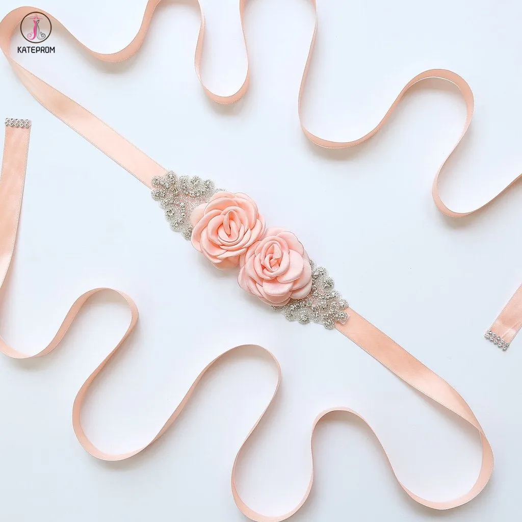 Hand Made Flower Bridal Sash with Rhinestones, Formal Dress Belt KPS0002