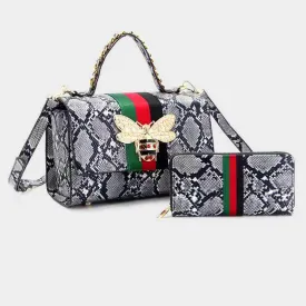 iLLASPARKZ 2PCS - Honey Bee Accented Snake Skin Patterned Faux Leather Tote Bag Wallet Set