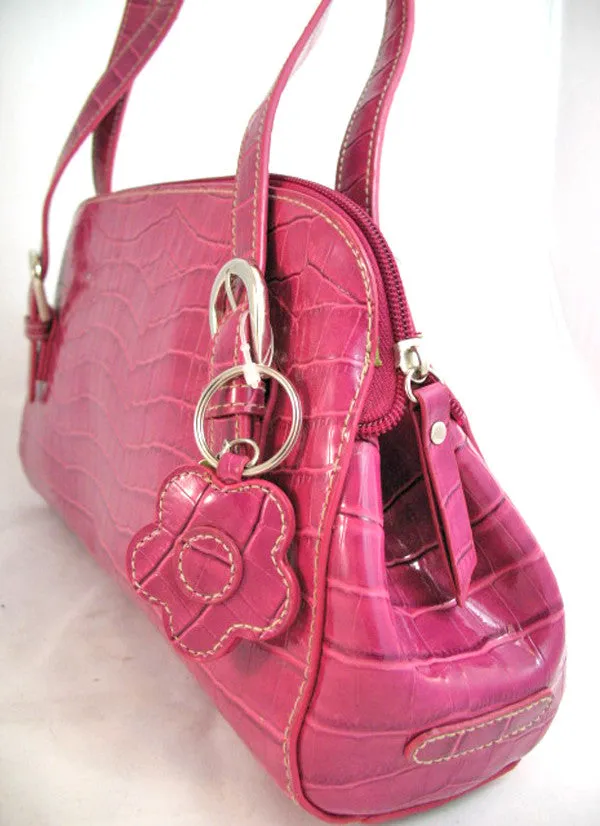 NEW Women CROCO CROCODILE Pattern PINK FUCHSIA Lining HANDBAG Purse Tube BAG BAGS