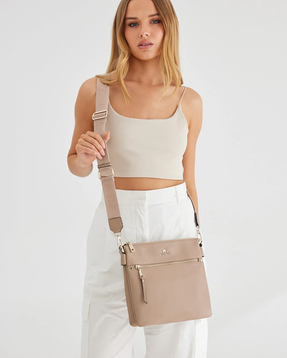Renee Zip Top 2 Compartment Crossbody Bag   Monogram Bag Strap